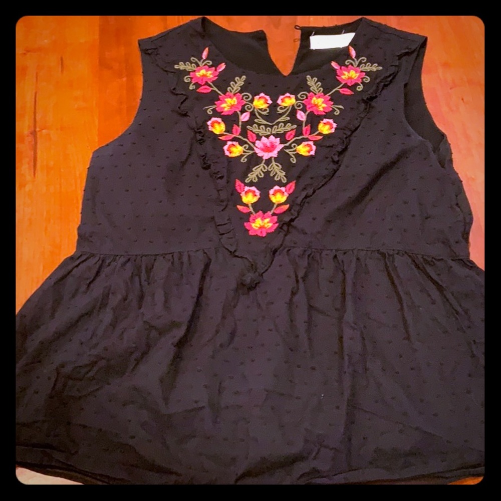 Black floral embroidered peplum top